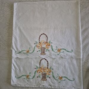 Handmade Vintage Embroidered White Pillowcases with Floral Design
